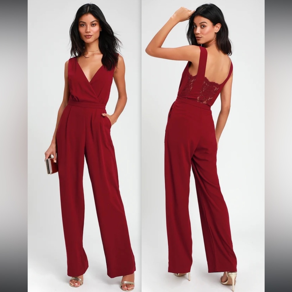 GUC LULUS Kiska Burgundy Lace Wide-Leg V-Neck Jumpsuit
